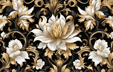Floral abstract ornamental background, Unveiling the Luxurious Black Gold and White Floral Pattern for Sophisticated Design Ventures, Seamless pattern with gold flowers on black background

