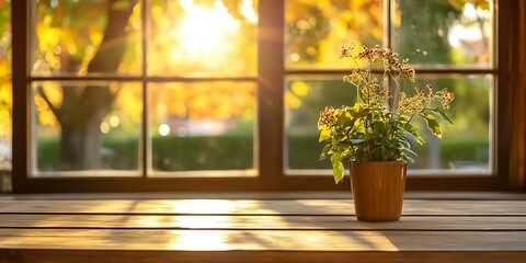 Autumn Sunset Window with Plant Pot