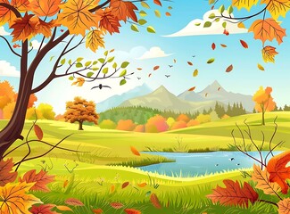 Autumn Landscape with Trees and River