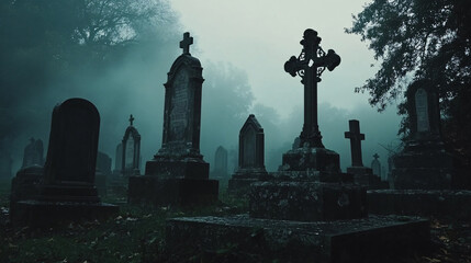 Fototapeta premium Mist swirling around gravestones in a shadowy cemetery