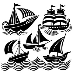 Collection of boat silhouettes icon and wave. Hand drawn vector illustration