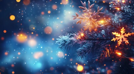 Blurred bokeh background with christmas snowflakes in blue color. Merry Christmas and Happy New Year text wallpaper.