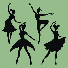 Flat design dancer silhouette set full black set 