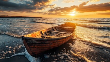 Wooden Boat on the Beach at Sunset