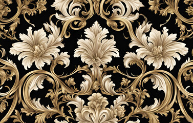 Golden baroque and ornament elements, Background Floral blue and black classic, Seamless floral pattern
