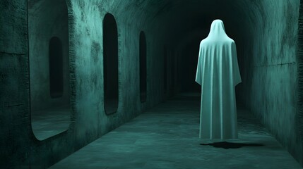 Naklejka premium A shadowy figure in a white cloak stands in a dark, eerie corridor with arches, evoking a mysterious and haunting atmosphere.