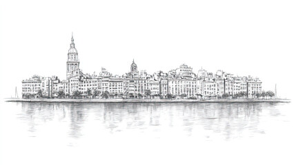 Fototapeta premium Montevideo, Uruguay, black and white pen pencil hand-drawn effect drawing illustration for travel poster, card, wallpaper, backdrop or banner. Modern, clear, artistic and simple
