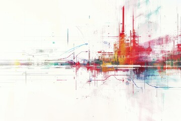 Fototapeta premium A colorful abstract painting of a cityscape with a red building in the middle