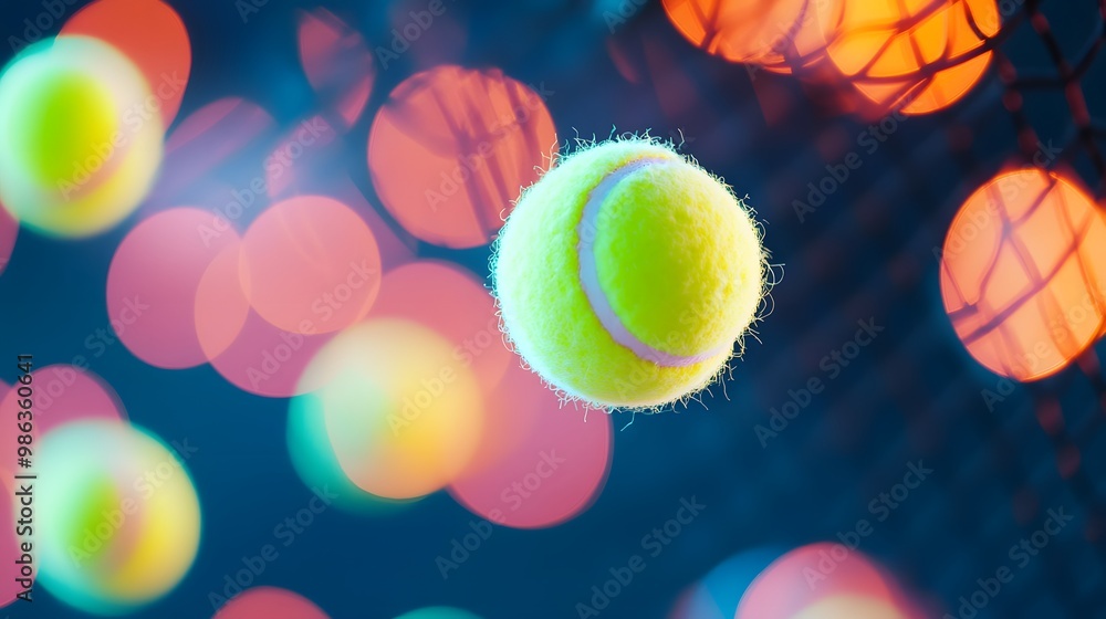 Poster a vibrant image showcasing tennis balls in motion with a colorful bokeh background, capturing the en