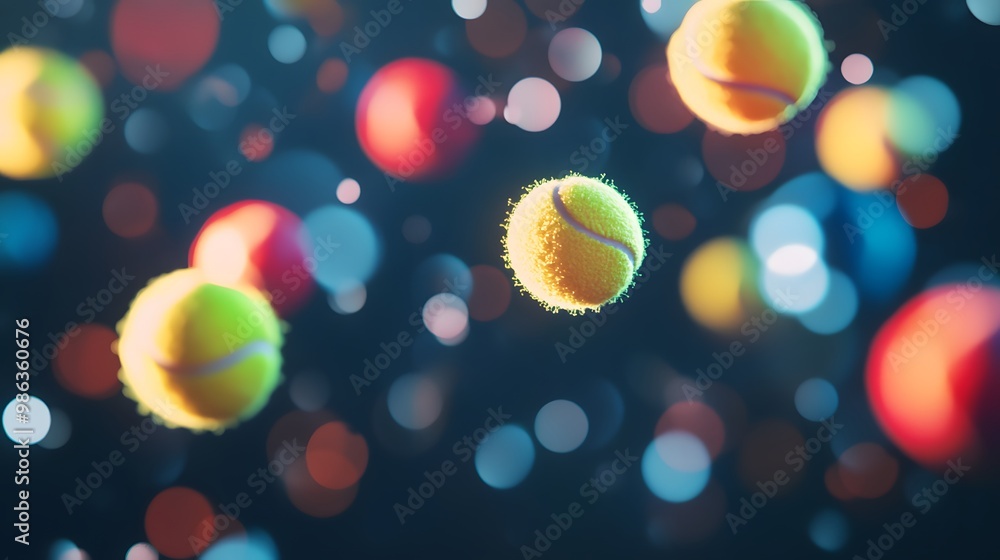 Poster a vibrant display of tennis balls floating among colorful orbs, creating a dynamic and energetic atm