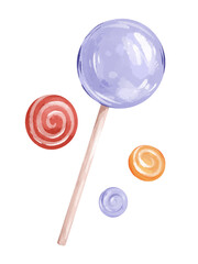 Hand drawn watercolor style one big lollipop, small round candies set isolated on transparent background. Many sweets sketch png. Funny art for packaging design, Christmas card, advertising layout