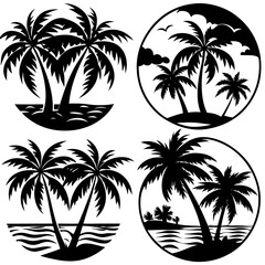 Palm tree with beach silhouette black vector art illustration full black 4 set