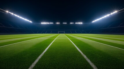 A vast, illuminated stadium field at night, showcasing bright floodlights and neatly marked lines on lush green grass.