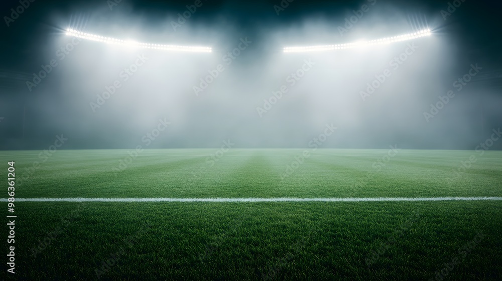 Poster a dimly lit football field with bright floodlights cutting through the fog, creating a dramatic and 