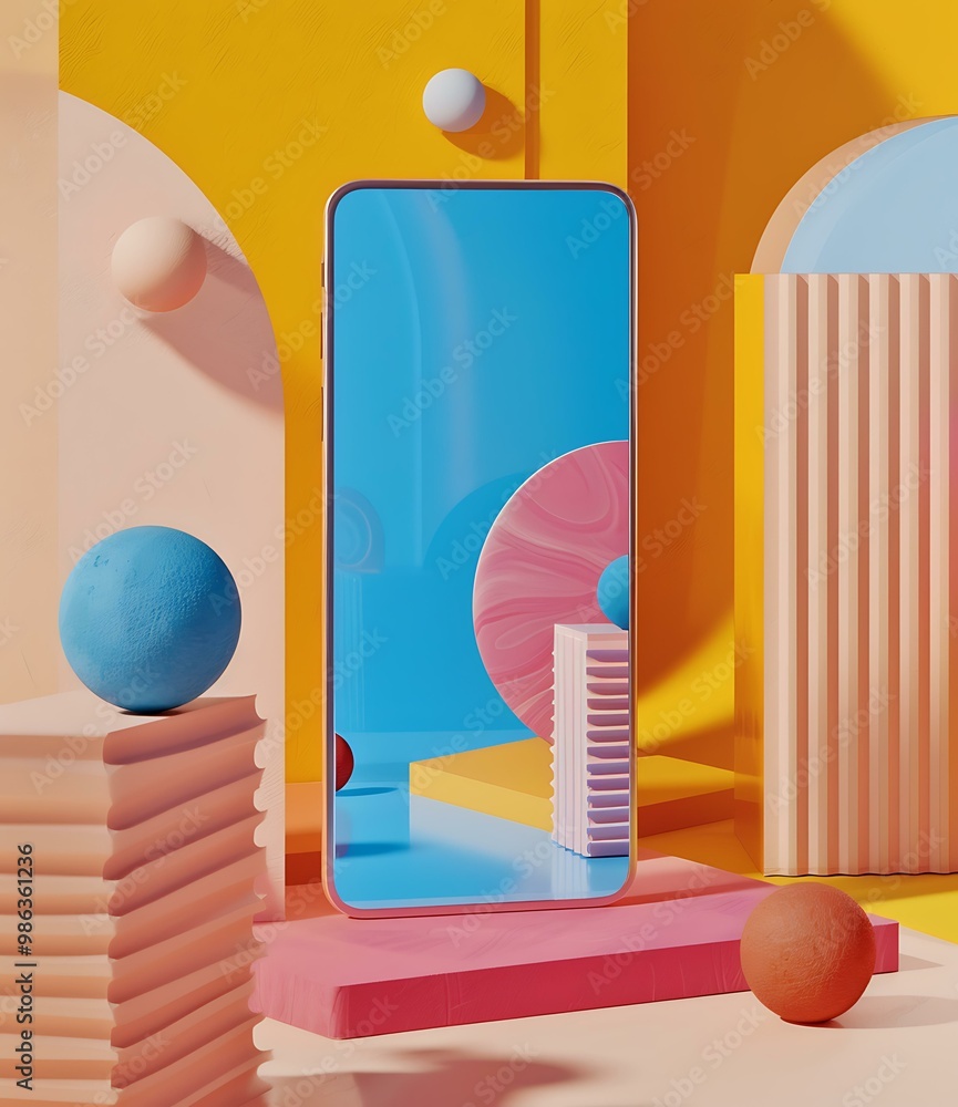 Poster abstract background with mobile phone on a colorful geometric platform