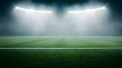 Obraz premium A dimly lit football field with bright floodlights cutting through the fog, creating a dramatic and atmospheric setting for a game.