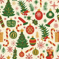 A colorful Christmas scene with a tree, candy cane, and other decorations