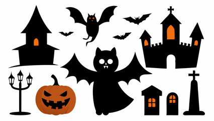  Set of silhouette halloween elements with white background