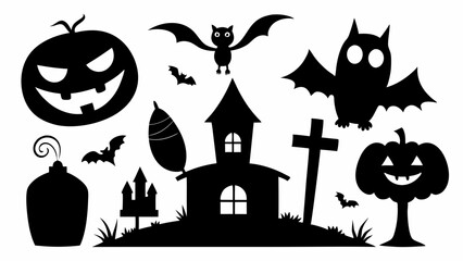  Set of silhouette halloween elements with white background