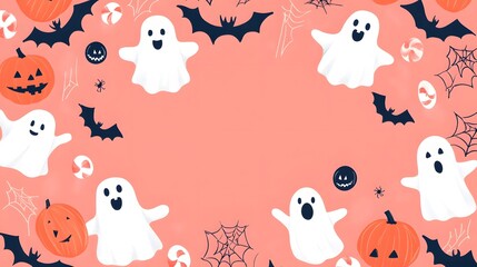 A playful Halloween-themed background featuring ghosts, bats, pumpkins, and candy on a pink backdrop.