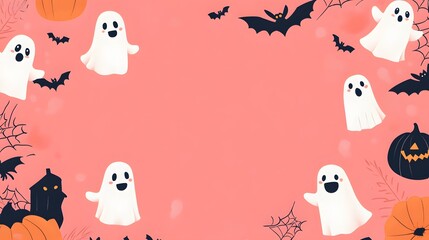Obraz premium Cute cartoon ghosts and bats surround a pink background, creating a playful and spooky Halloween theme.