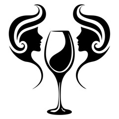 Stylized Vector Wine Glass with Abstract Human Profiles and Dynamic Liquid Splashes