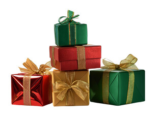 Fototapeta premium Colorful stack of Christmas gifts wrapped in festive paper and ribbons, perfect for holiday celebrations and gift-giving inspiration.
