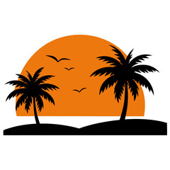 Tropical sunset scene with two silhouetted palm trees Line art