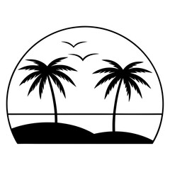 Tropical sunset scene with two silhouetted palm trees Line art