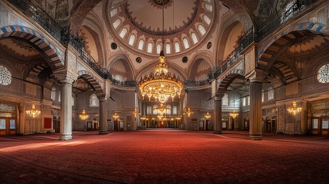 wide angle view of the interior of the Suleiman Mosque, with its spectacular chandelier, ceilings and red carpet, no people, Muslim religion, Istanbul Turkey, horizontal