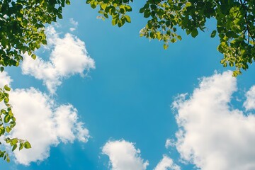 Obraz premium Blue Sky with White Clouds and Green Tree Leaves