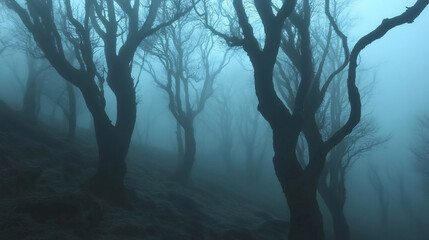 Spooky forest with fog rolling through gnarled trees