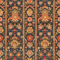 A black and orange floral patterned rug with a gold border