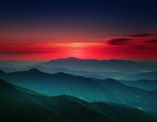 Obraz premium Vibrant sunset over green and red mountain landscape