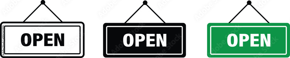 Aufkleber open sign board icon set flat or line buttons vector for graphic design isolated on transparent back