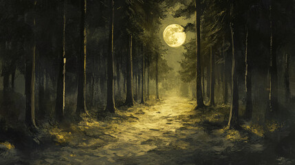 Obraz premium Shadowy pathway through a forest lit only by the moon