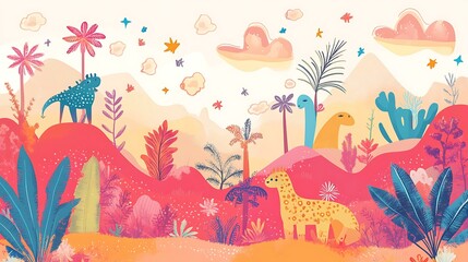 Fototapeta premium Colorful Cartoon Illustration of Dinosaurs in Jungle