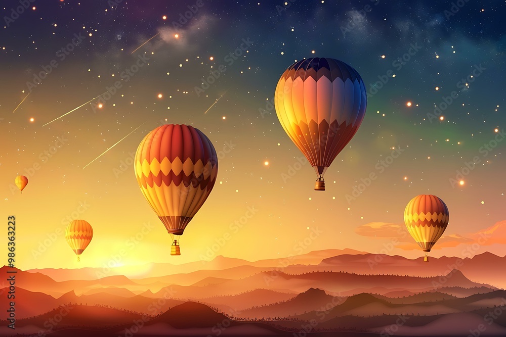 Poster Hot Air Balloons Flying Over Mountains at Sunset