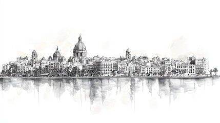 Obraz premium Murcia, Spain, black and white pen pencil hand-drawn effect drawing illustration for travel poster, card, wallpaper, backdrop or banner. Modern, clear, artistic and simple