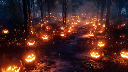 Creepy pathway lined with glowing jack-o-lanterns