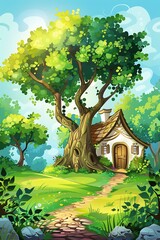 Fantasy Cottage Underneath a Tree Illustration