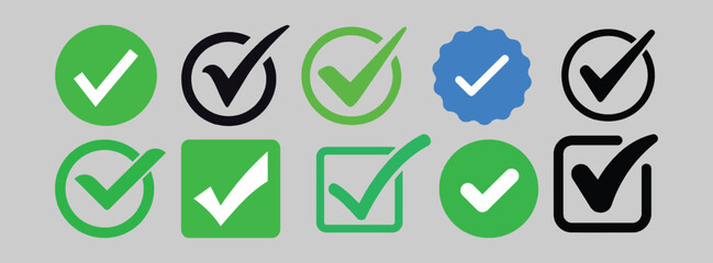 10 Set of Checkmark icon Green silhouette vector style with white background