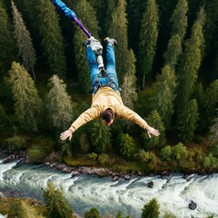 Thrilling Bungee Jump Over a Raging River in the Forest