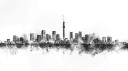 Obraz premium Nagoya, Japan, black and white pen pencil hand-drawn effect drawing illustration for travel poster, card, wallpaper, backdrop or banner. Modern, clear, artistic and simple