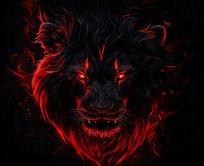 A very dangerous lion face in complete dark