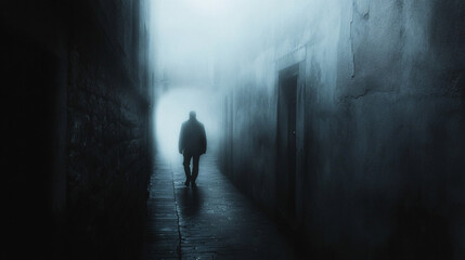 Creepy shadow figure moving through a foggy alleyway