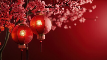 Happy chinese new year, year of the dragon zodiac sign hanging beautiful lantern and flowers on red background. Copy space