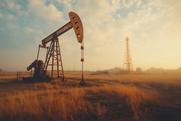 Crude oil pumping station among the grass field, Selective focus land oil rig in industry plant.	
