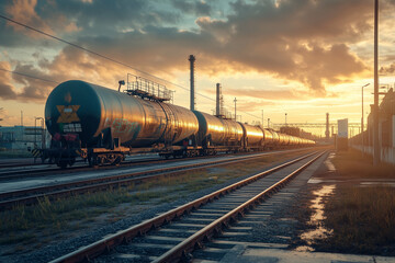 Naklejka premium Train with petroleum container tank on railway with sunset view, Crude oil train at platform.
