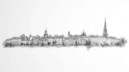 Obraz premium Nantes, France, black and white pen pencil hand-drawn effect drawing illustration for travel poster, card, wallpaper, backdrop or banner. Modern, clear, artistic and simple